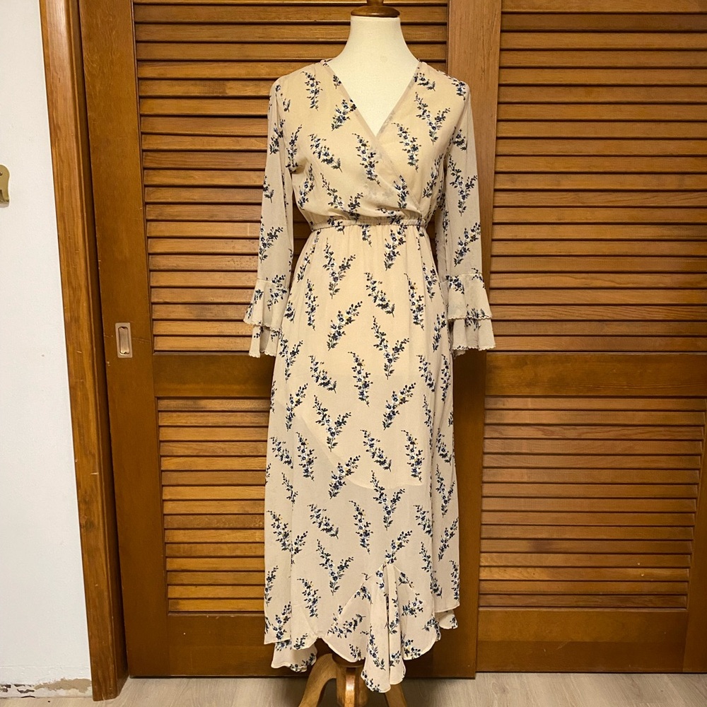 Nasty Gal Nude Floral Long Sleeve Ruffle Dress